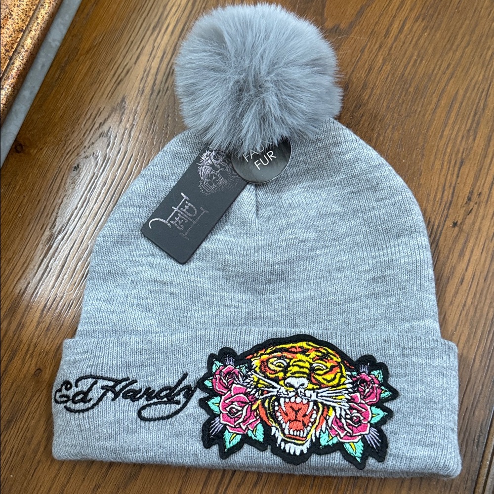 Ed Hardy Gray Beanie with Tiger and Pom. O/S.